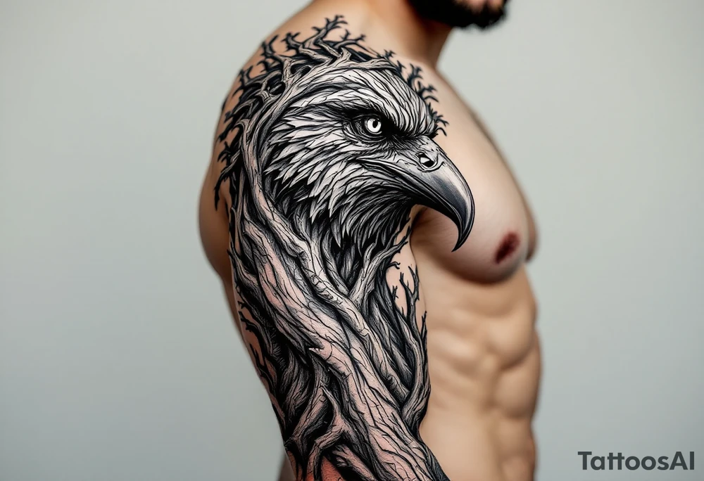 Entire arm tattooed like tree bark with face carved into it and a raven on the shoulder with wing extending to chest tattoo idea