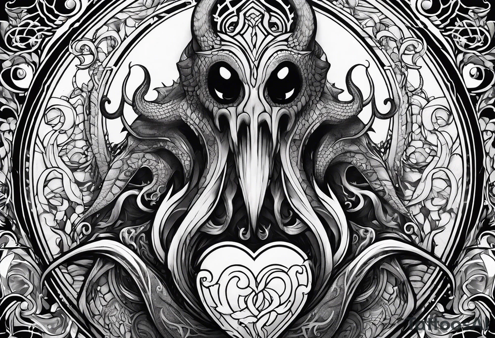 Vertical full sleeve. Lovecraftian creature, protecting a heart. tattoo idea Vertical full sleeve. Lovecraftian creature, protecting a heart. tattoo idea