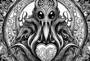 Vertical full sleeve. Lovecraftian creature, protecting a heart. tattoo idea