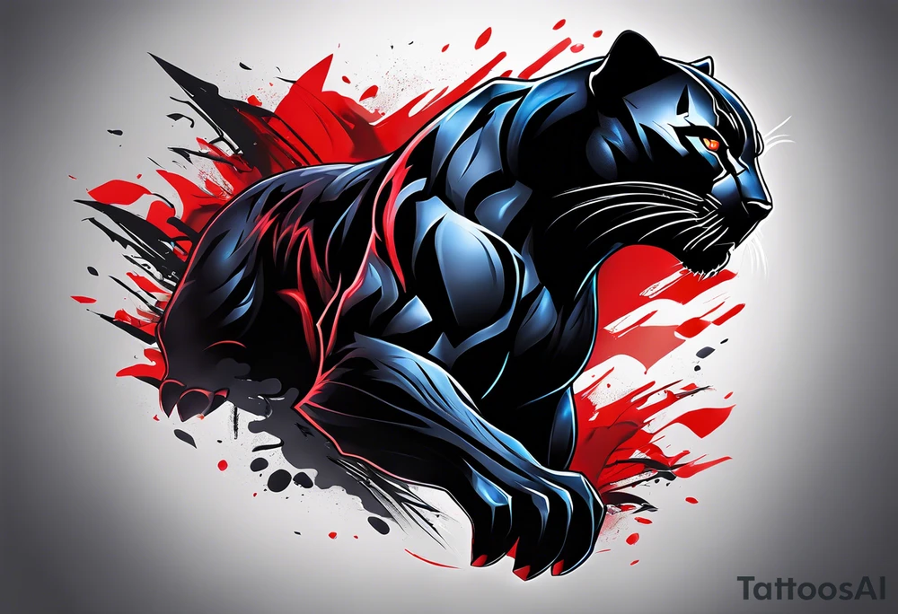 unique black panther tattoo, dynamic pose, showcasing its strength and grace, striking red eyes, intense and captivating elements, artistic flair, blending realism with abstract elements tattoo idea