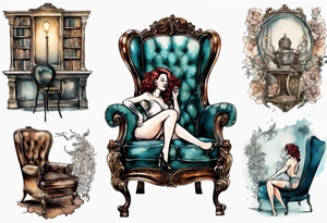 an antique chair in large library with a woman's face emerging from the back of the chair tattoo idea