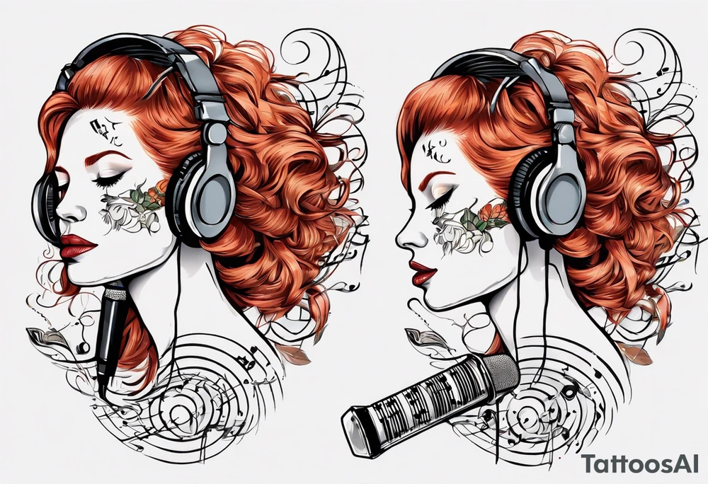 Redhead woman with Music score as her hair and a microphone tattoo idea