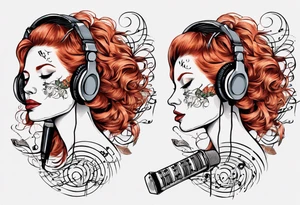 Redhead woman with Music score as her hair and a microphone tattoo idea