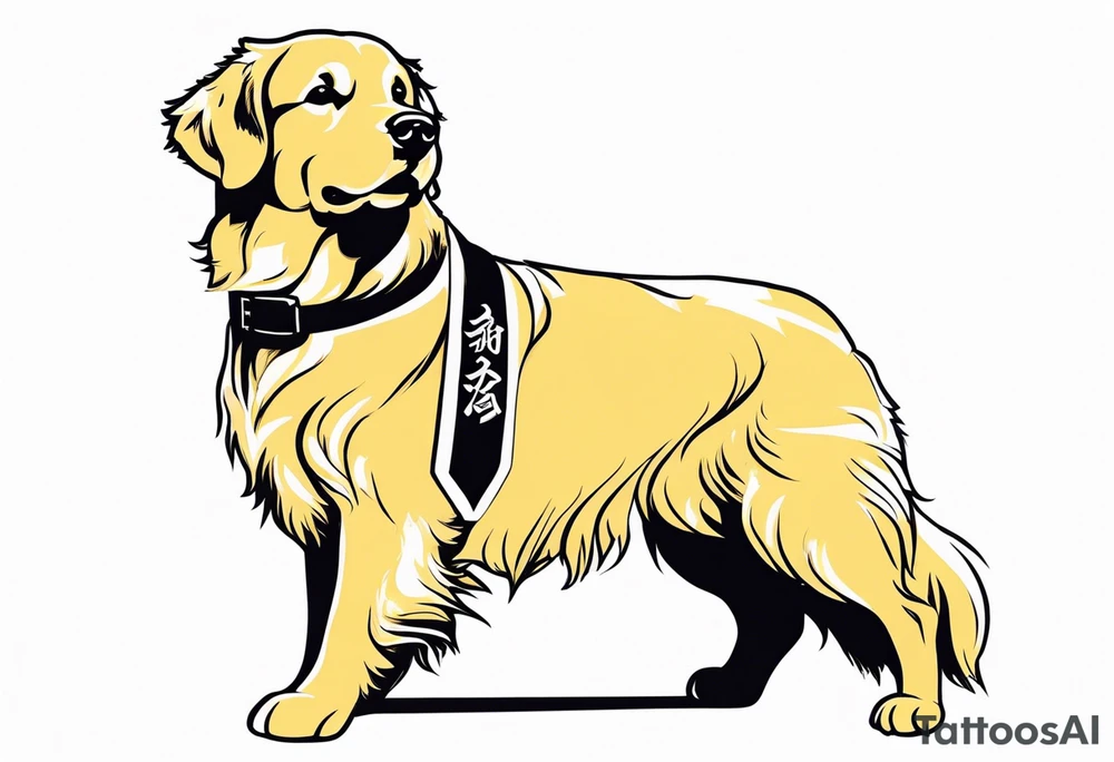 a golden retriever in a jujitsu gi including belt full body view tattoo idea