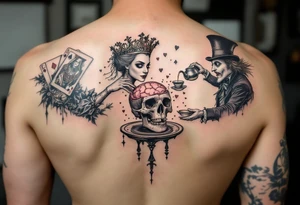 The queen of hearts opening the white rabbits skull exposing its brain, with the ace of spades and then the mad Hatter is pouring tea into the white rabbits head tattoo idea