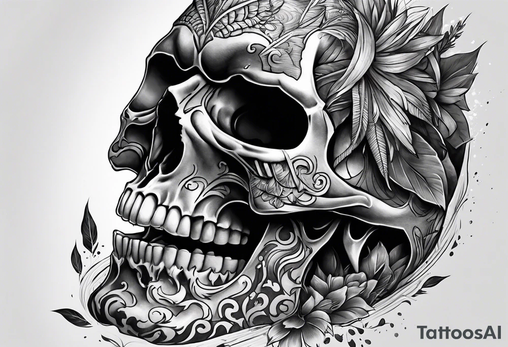 Unique tattoo design featuring a skull emerging from the skin with muzzle on the mouth that appears to be releasing or breaking free from its constraints. tattoo idea