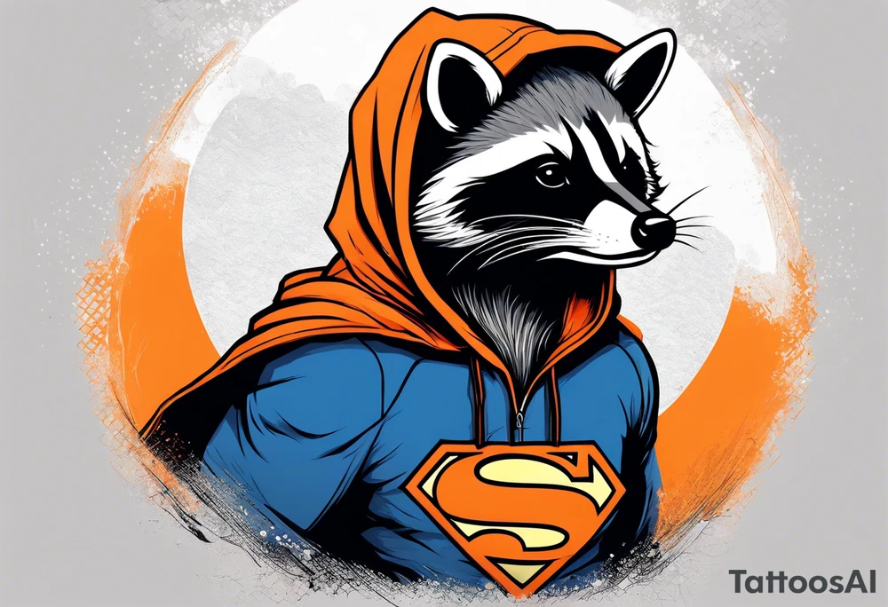 Raccoon wearing an orange Superman hoodie tattoo idea