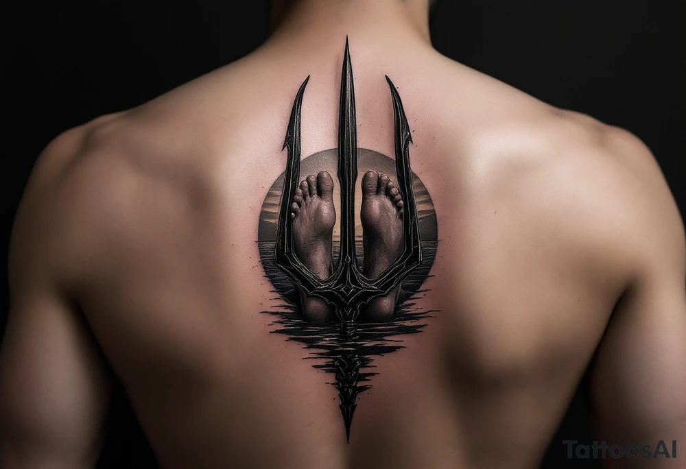 barefeet behind trident with water and sunset tattoo idea