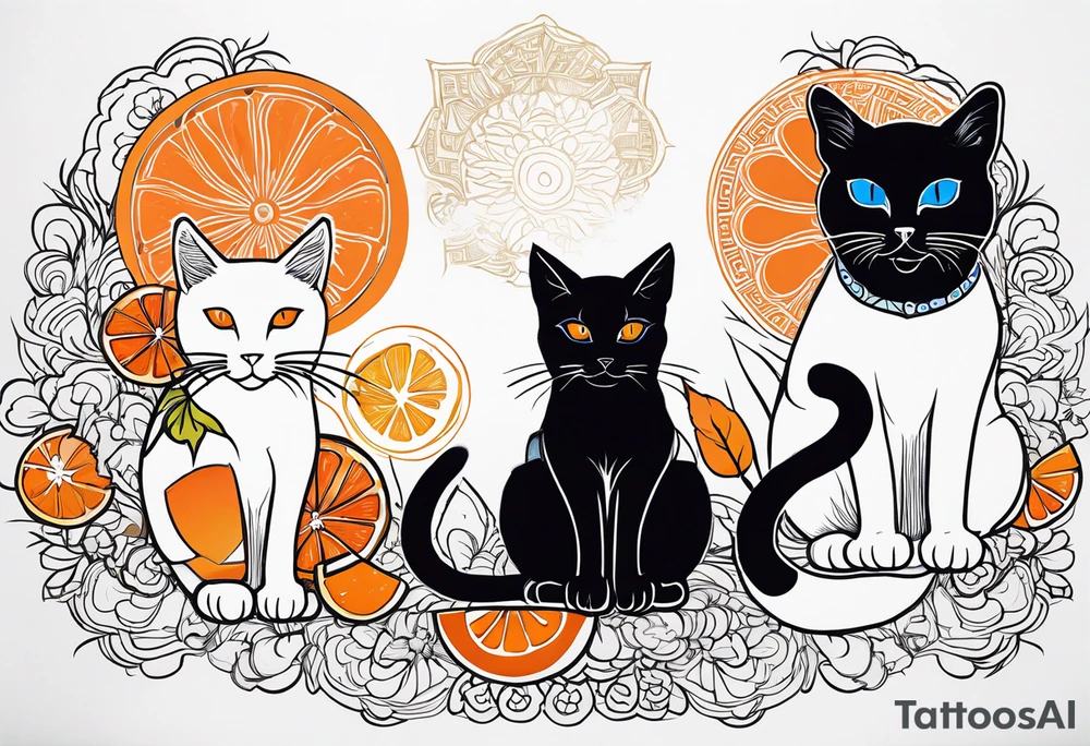 A white cat with blue eyes and black cat with brown eyes and an orange and white cat with browneyes tattoo idea