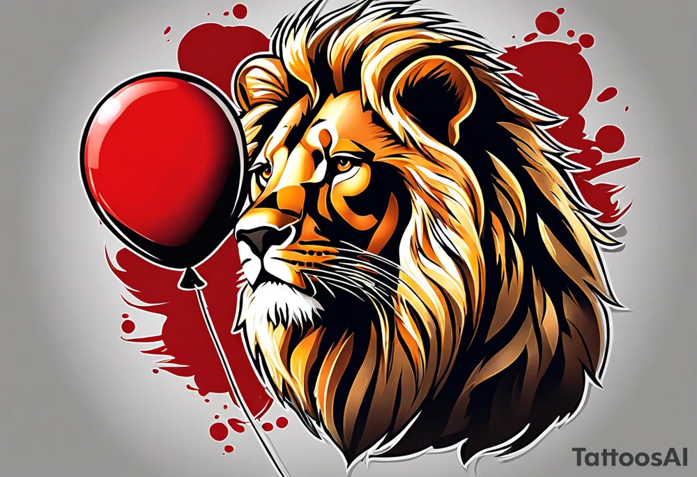tattoo design should be in the layout of the famouse picture"small princ"  where it should remind me that I survived,and my life was saved by my husband, and he should be represented in the tattoo as a young lion holding a balloon held in the muzzle.
The baloon which is red and in Hearth shape. The whole body of lion should be visible and more abstract not so realistic.The lion is holding the string of the baloon in the muzzle. The string from the balloon should have a heartbeat pulse.The baloon should be red colored, and the rest of the image should be black only. tattoo idea
