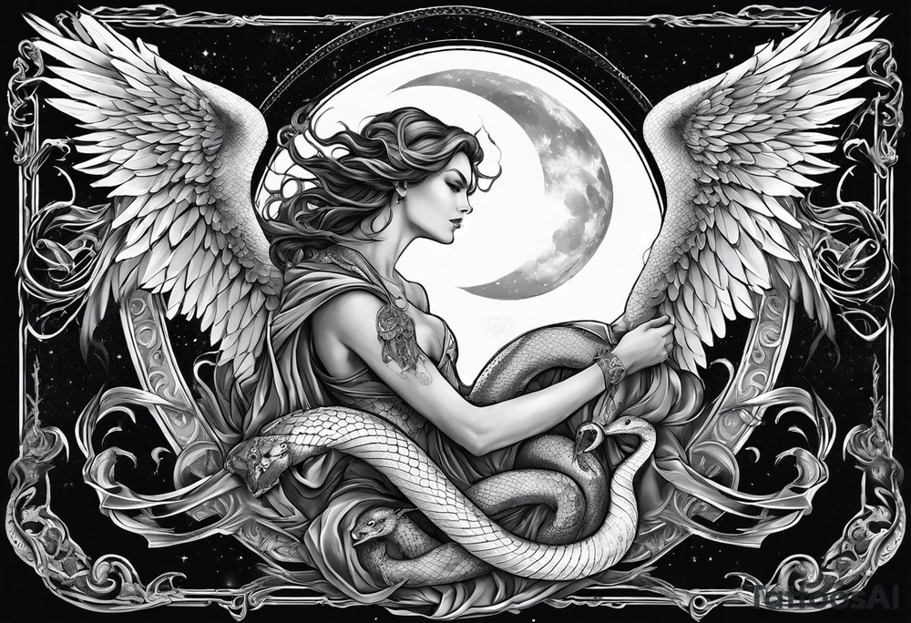Lucifer (half male angel and half snake) wraps the moon in the sky tattoo idea
