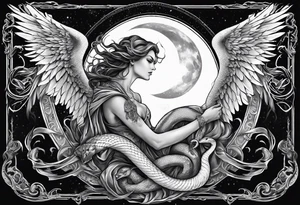 Lucifer (half male angel and half snake) wraps the moon in the sky tattoo idea