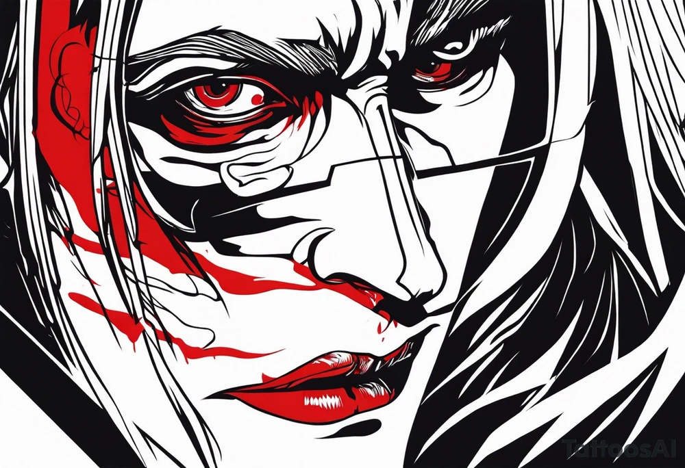 Bloody tears flow from Alucard's eyes in Hellsing tattoo model tattoo idea