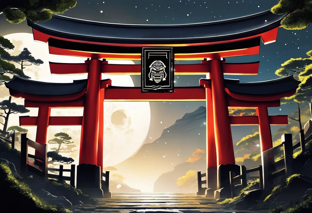 glimpse of torii gate in biomechanical style. 15% of size, placed in bottom 

Above the gate is a bust of Dominant demonic and formidable face with royal king features, has a slight evil grin and a devil fang teeth, similar to skull features, framed by deep-set glowing galaxy eyes, head has crown of prominent purple deep blue flames (Not standalone horns) with intricate recognizable swirling galaxy and peacock feather textures.

face has intricate swirling biomechanical tattoo texture. prominent colours are blue, violet, deep purple, with orange highlights.

face has braids hanging with feathers at end. face is 85% of size and is above gate tattoo idea