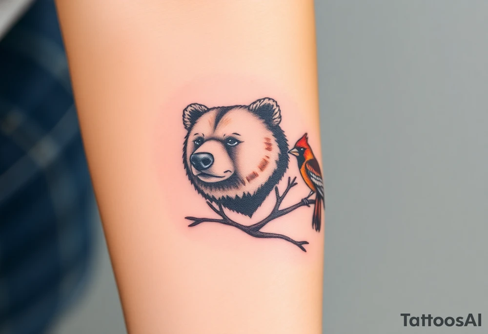 Realistic Woodland with a bear, woodpecker and cardinal tattoo idea