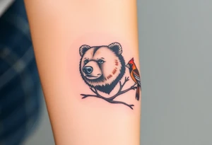 Realistic Woodland with a bear, woodpecker and cardinal tattoo idea