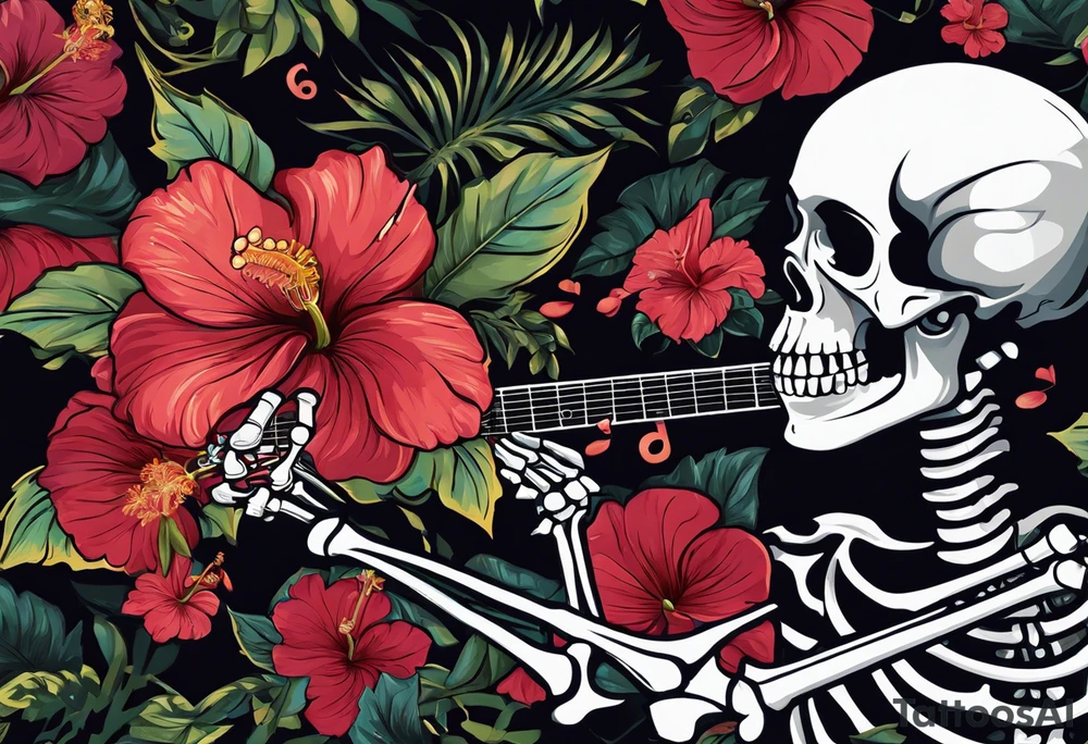 Generate a tattoo design featuring two skeletons: a female skeleton holding a hibiscus flower and a male skeleton playing a guitar. The scene should capture a moment of connection between the two, with the female skeleton attentively listening to the music played by the male skeleton. Emphasize the details of the hibiscus flower, the expressions on the skeletons' faces, and the fluidity of the music being played on the guitar. tattoo idea