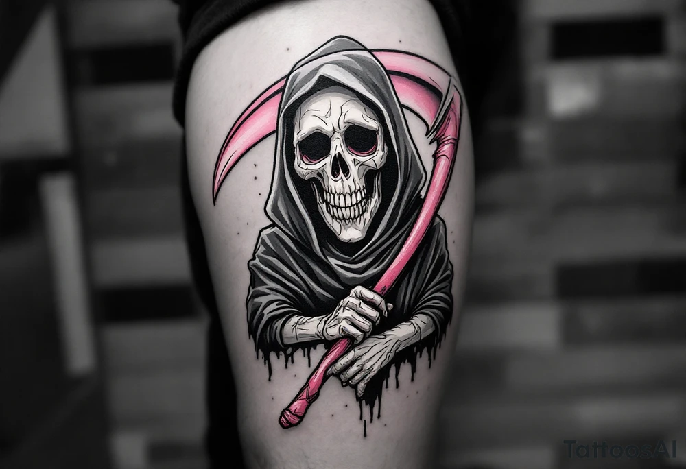 A comic-style Reaper in grayscale with a bubblegum-pink scythe for surreal contrast. tattoo idea