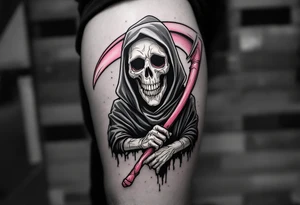A comic-style Reaper in grayscale with a bubblegum-pink scythe for surreal contrast. tattoo idea