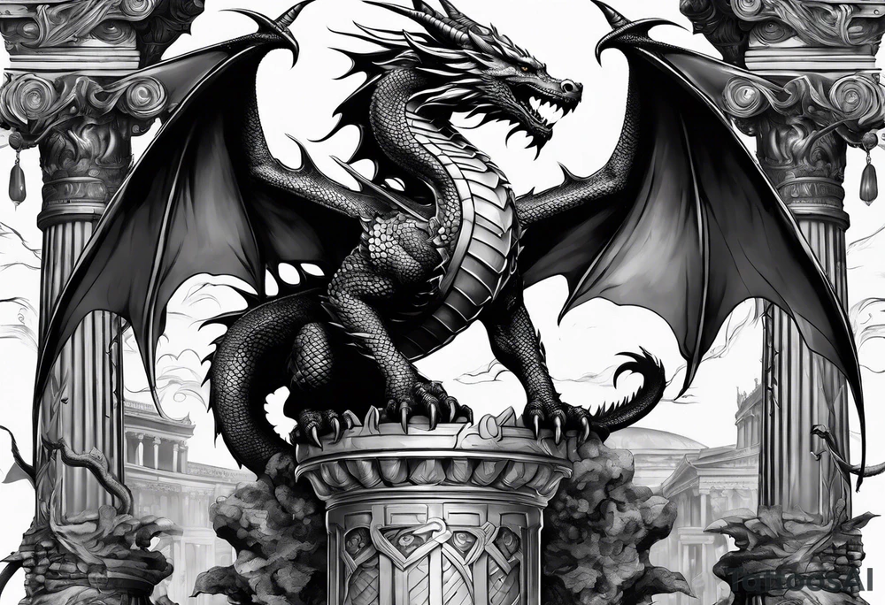 Dragon after a fight holding on 2 broken roman columns tattoo idea