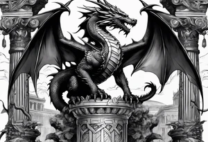 Dragon after a fight holding on 2 broken roman columns tattoo idea