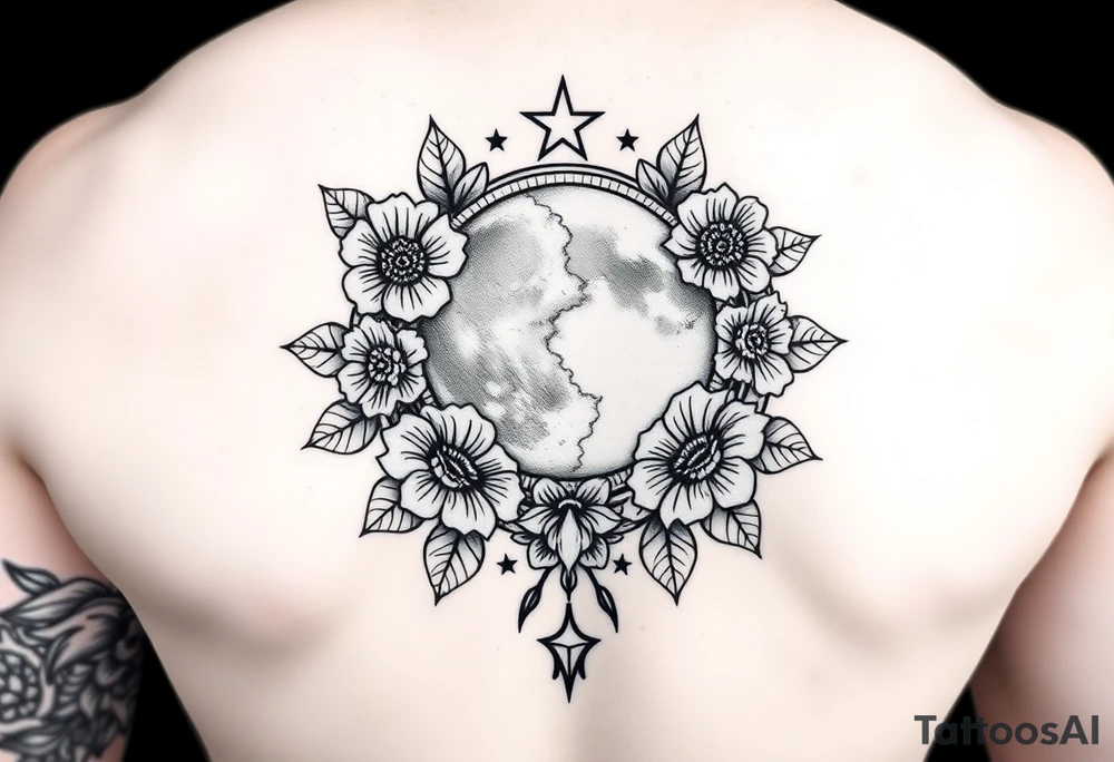 Flower sleeve surrounded by moon and star design for arm tattoo idea