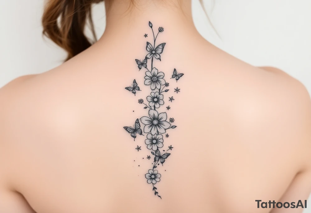 Flowers vertically down the spine surrounded by small butterflies and sparkles

Less flowers tattoo idea