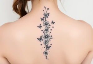 Flowers vertically down the spine surrounded by small butterflies and sparkles

Less flowers tattoo idea