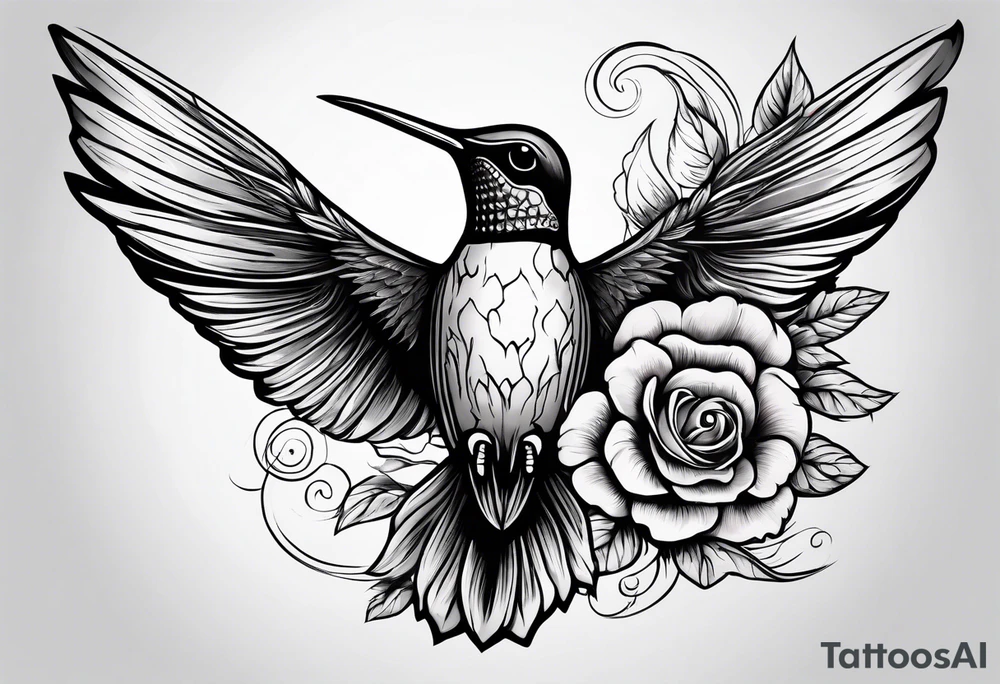 hummingbird, skull, flower, storm clouds tattoo idea