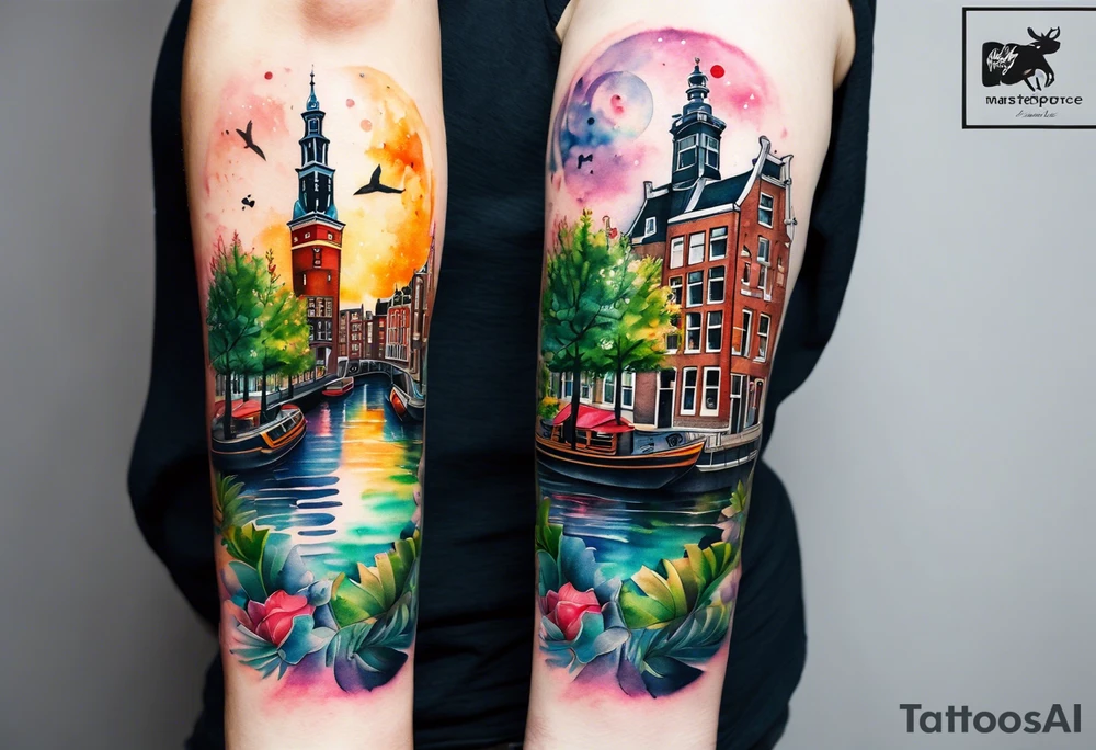 Watercolour style arm tattoo of Amsterdam canal in space featuring wildlife, stag deer and pineapples tattoo idea