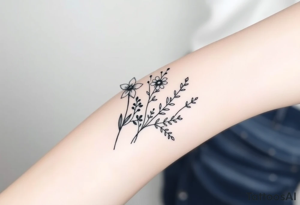 Bunch of birth months flowers individual stem 1 Lilly of the valley, 1 daffodil, 1 larkspur and 1 Ilex aquifolium with berries tattoo idea