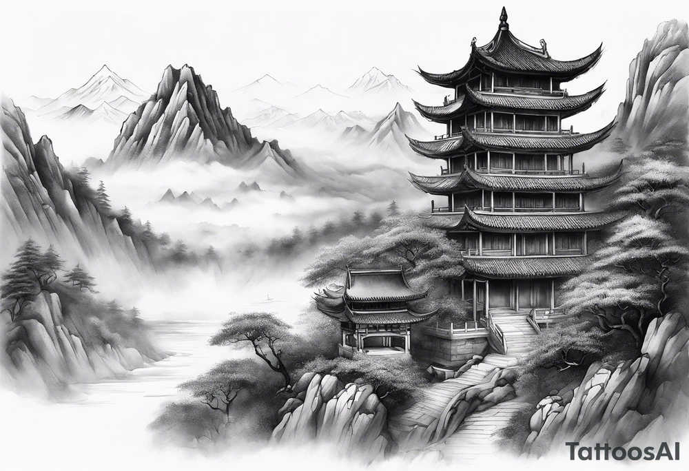 forearm sleeve traditional chinese art painting style autumn mountains mist fog water Chinese temple philosopher wearing robes seated meditating far away in the distance tattoo idea