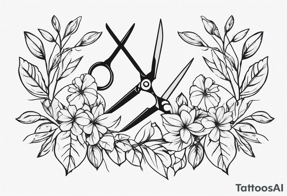 flowey vines with leaves with a lowkey pair of scissors for cutting hair tattoo idea