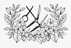 flowey vines with leaves with a lowkey pair of scissors for cutting hair tattoo idea