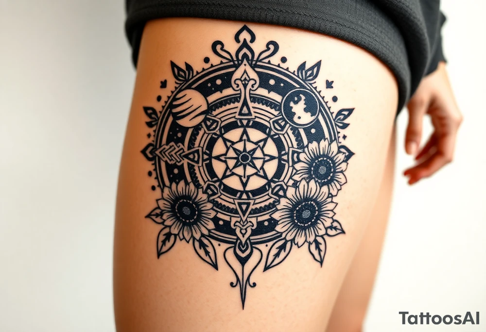 Milky way galaxy with planets with zodiac symbols and protection runes in it with tigerlillies roses and sunflowers tattoo idea