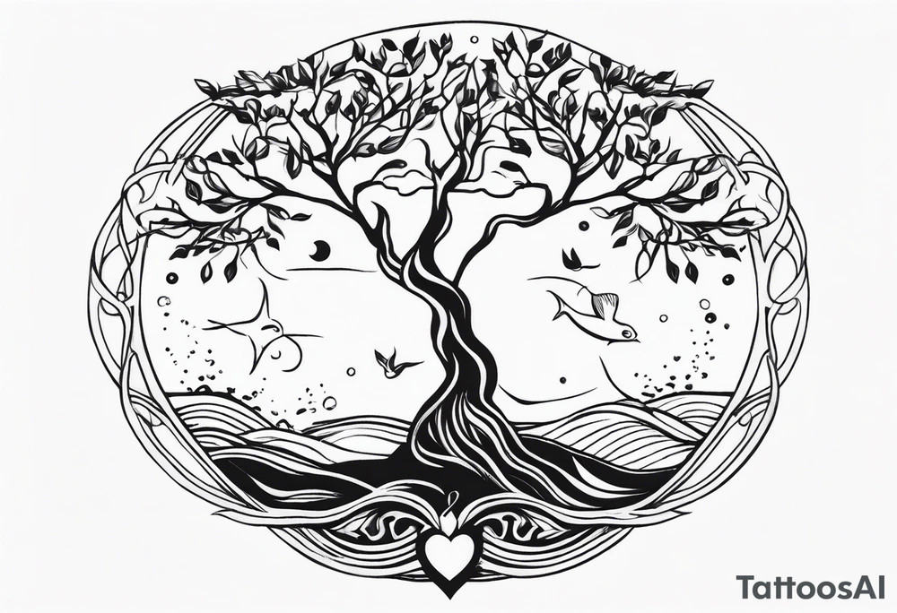 calm sea and tree of life without frame tattoo idea