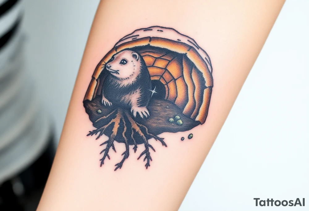 A mole depicted in underground tunnel in a cross-section with dark brown soil, golden roots, and hidden gems sparkling in the earth tattoo idea