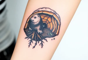 A mole depicted in underground tunnel in a cross-section with dark brown soil, golden roots, and hidden gems sparkling in the earth tattoo idea