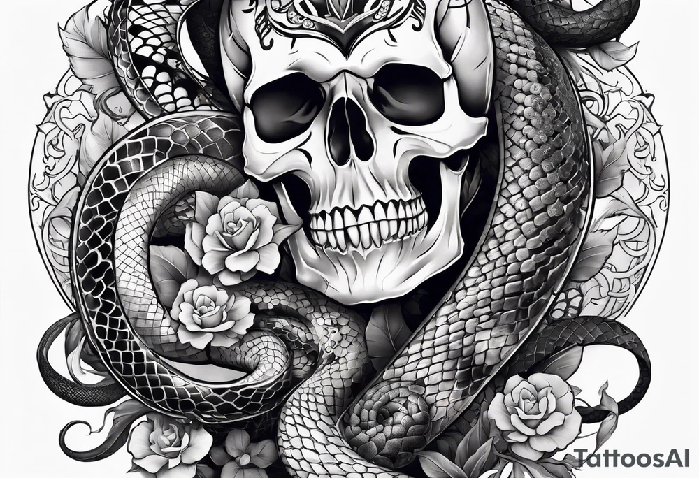 sleeve tattoo with a snake, gun, skull and Japanese designs, NO FLOWERS tattoo idea
