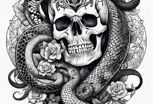 sleeve tattoo with a snake, gun, skull and Japanese designs, NO FLOWERS tattoo idea