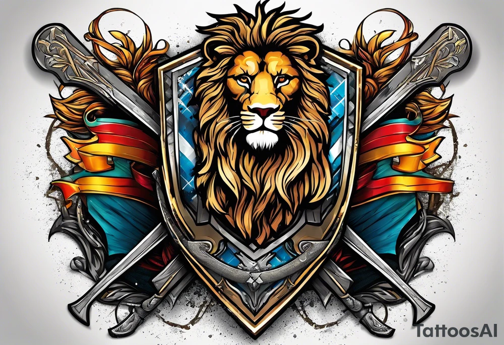 skis crossed in x with a shield in front of them and a lion on the shield tattoo idea