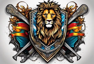 skis crossed in x with a shield in front of them and a lion on the shield tattoo idea