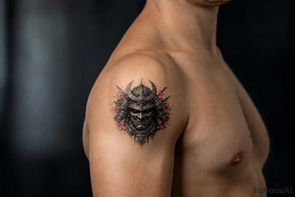 Pop black and grey samurai warrior mask, intricate details, all the shoulder tattoo idea