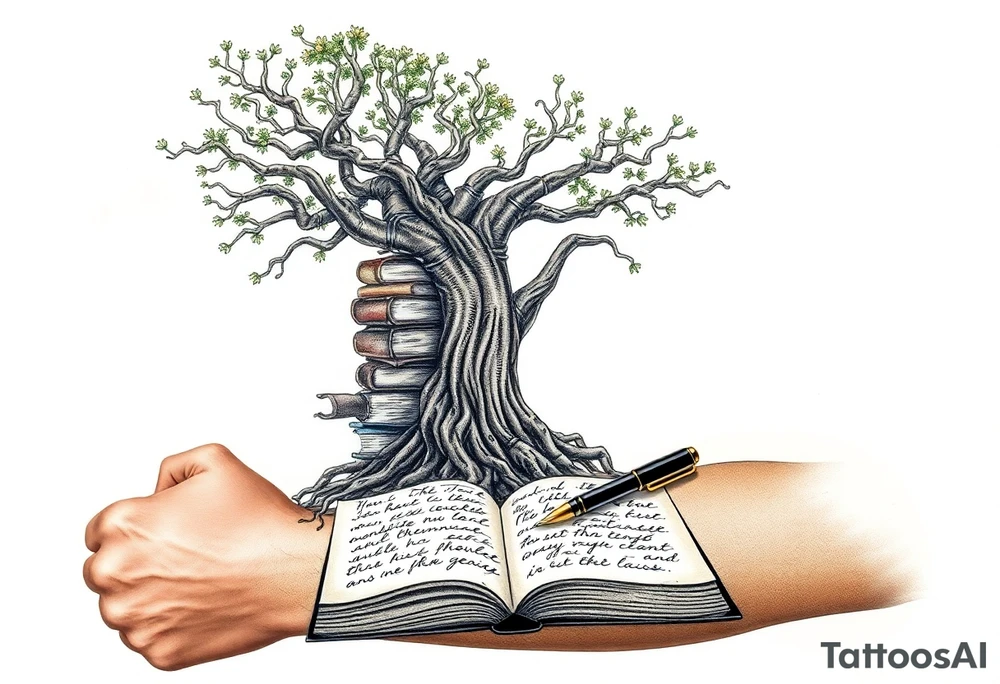 Majestic tree of knowledge with books connected as roots stacked up and an open journal with beautiful cursive writing at the base with a fountain pen for the left arm sleeve tattoo idea