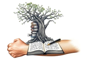 Majestic tree of knowledge with books connected as roots stacked up and an open journal with beautiful cursive writing at the base with a fountain pen for the left arm sleeve tattoo idea