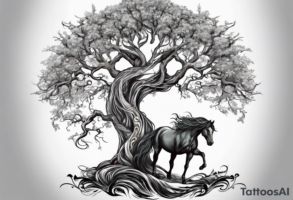 Realistic Horse and Yggdrasil tree tattoo idea