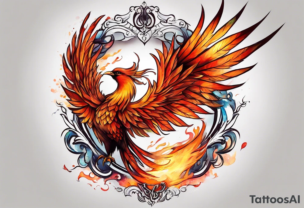 Phoenix on hip down into thigh with quote "from the Ashes I rise" long tail featgers tattoo idea
