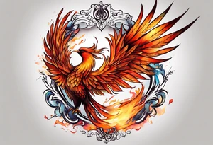 Phoenix on hip down into thigh with quote "from the Ashes I rise" long tail featgers tattoo idea