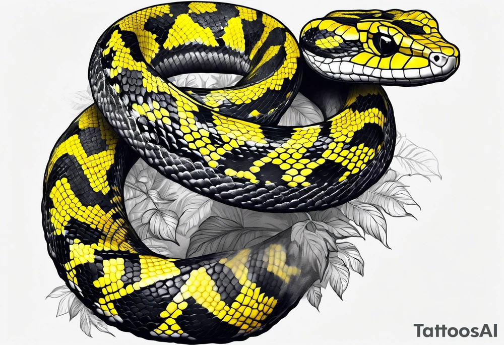 Black and grey realistic yellow blotched pit viper snake with rainforest background on forearm tattoo idea