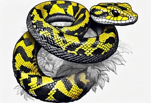 Black and grey realistic yellow blotched pit viper snake with rainforest background on forearm tattoo idea